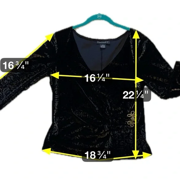 Cachet Women’s Black & Gold Velvet Burnout Top Faux Wrap Ruched Holiday Large - Picture 5 of 6